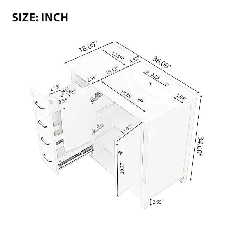 36"W Bathroom Vanity with Ceramic Top, Bathroom Vanity with Drawer Divider, Freestanding Cabinet with Open Shelf