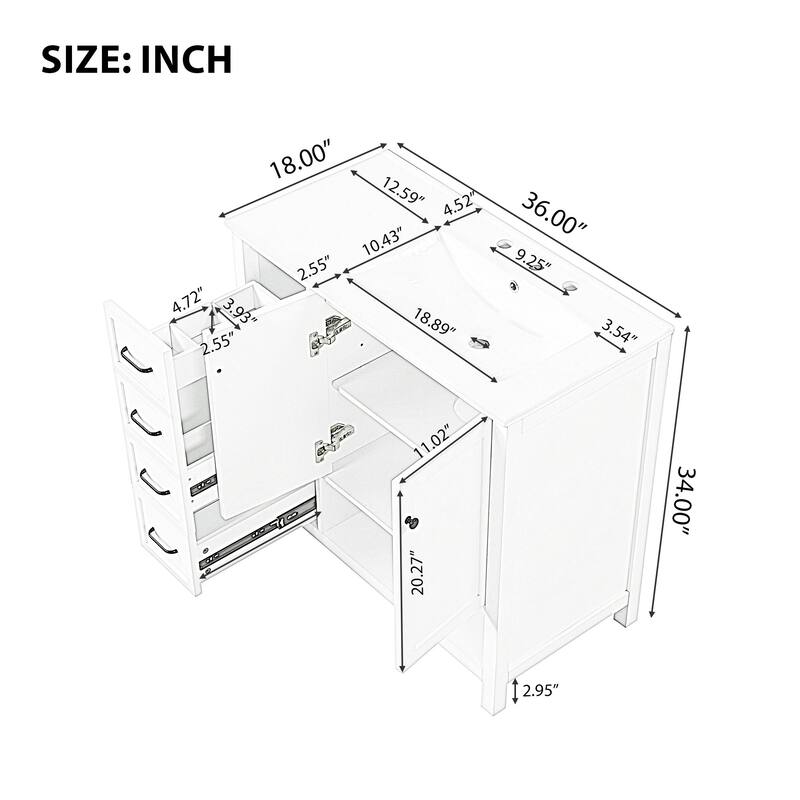 Freestanding Storage Cabinet Bathroom Vanity with Drop-In Sink, Ceramic Top, 2 Doors, 2 Drawers and Open Shelf
