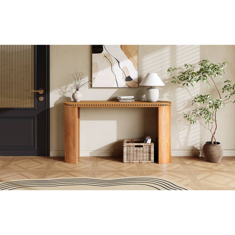Vintage Console Table With Beaded Trim And Reversible Curved Legs,Natural Wood Veneer Finish-Entryway Accent Table
