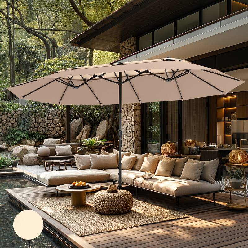 MAISON ARTS 15ft 2-Tier Large Patio Umbrella with Solar Lights, Double-Sided Outdoor Market Umbrellas with Base Included - BeigeMix-NoLights