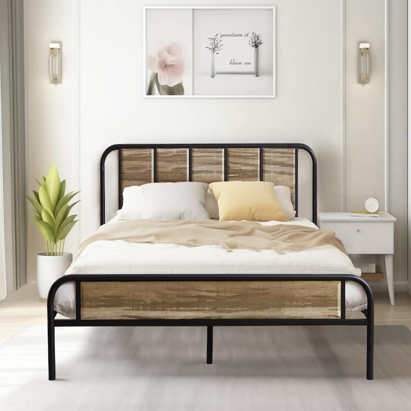 Javlergo Modern Metal Platform Bed Frame with Slate Headboard Footboard Heavy Duty No Box Spring Needed Bed