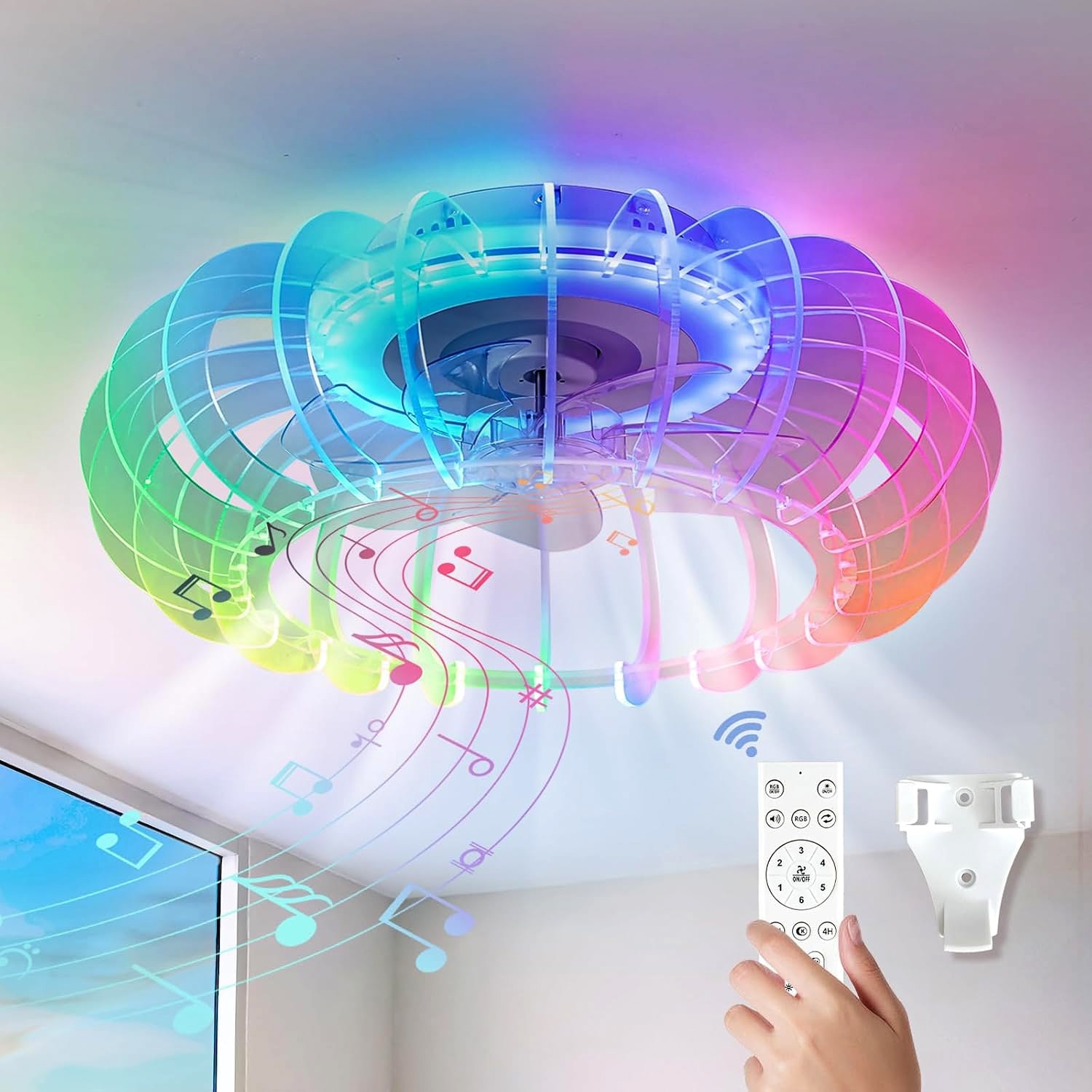 21" Low Profile Bladeless Ceiling Fan with Lights Dimmable LED Enclosed Ceiling Fans with Light and Remote 6 Wind Speeds - White