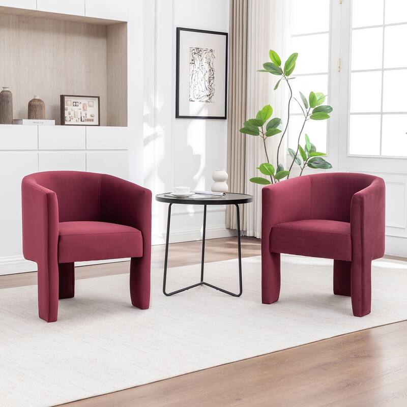 SEYNAR Modern Velvet Accent Chair, Upholstered Barrel Chair with Unique Solid Base for Living Room Soft Club Chair Set of 2 - Red