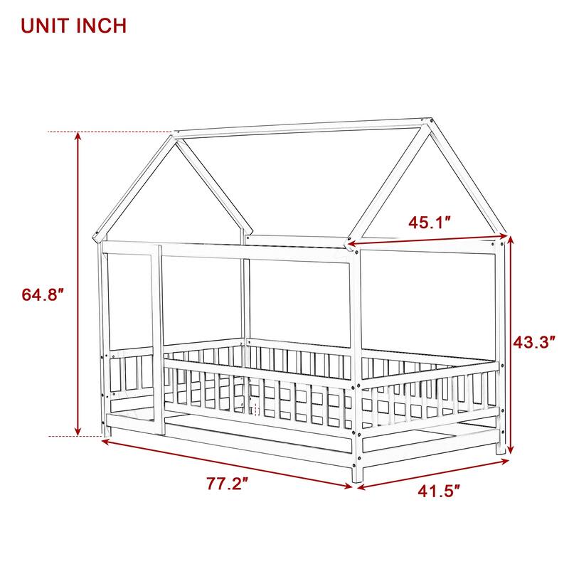 Twin Size House Floor Wooden Bed with Roof Frame, Safety Guardrails
