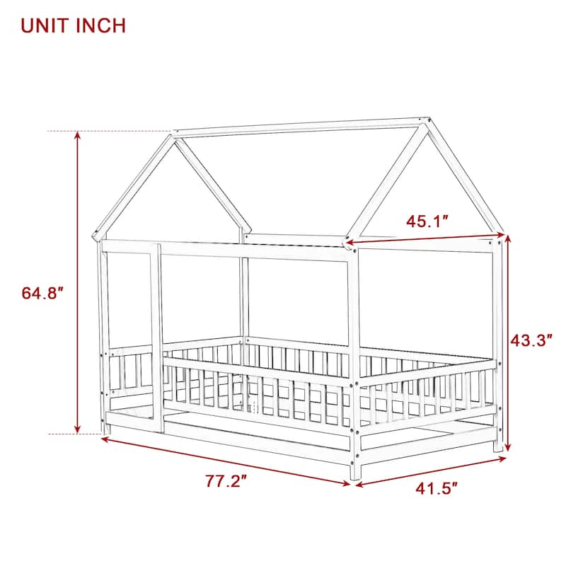 Twin Size House Floor Wooden Bed with Roof Frame,Safety Guardrails