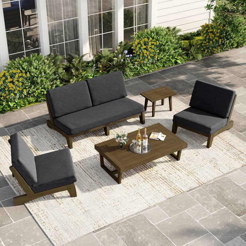 Casual Teak Wood 5-Piece Outdoor Patio Conversation Set - Natural Wood - Dark Grey