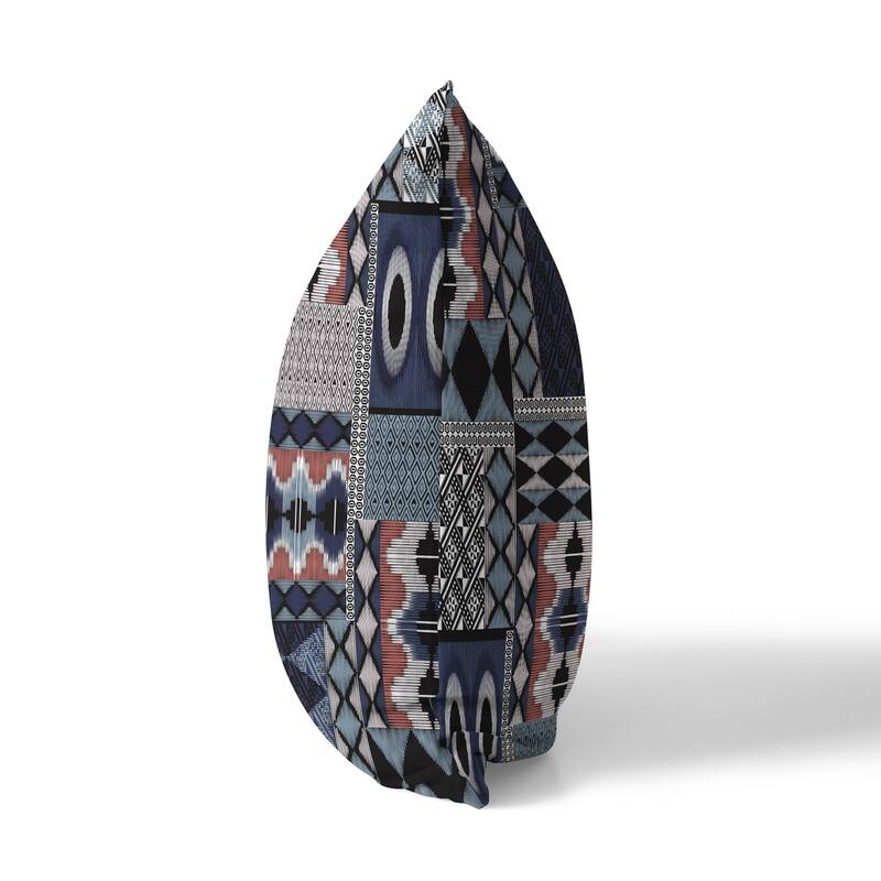 Blue And White Patched Perfection Faux Suede Throw Pillow Zipper