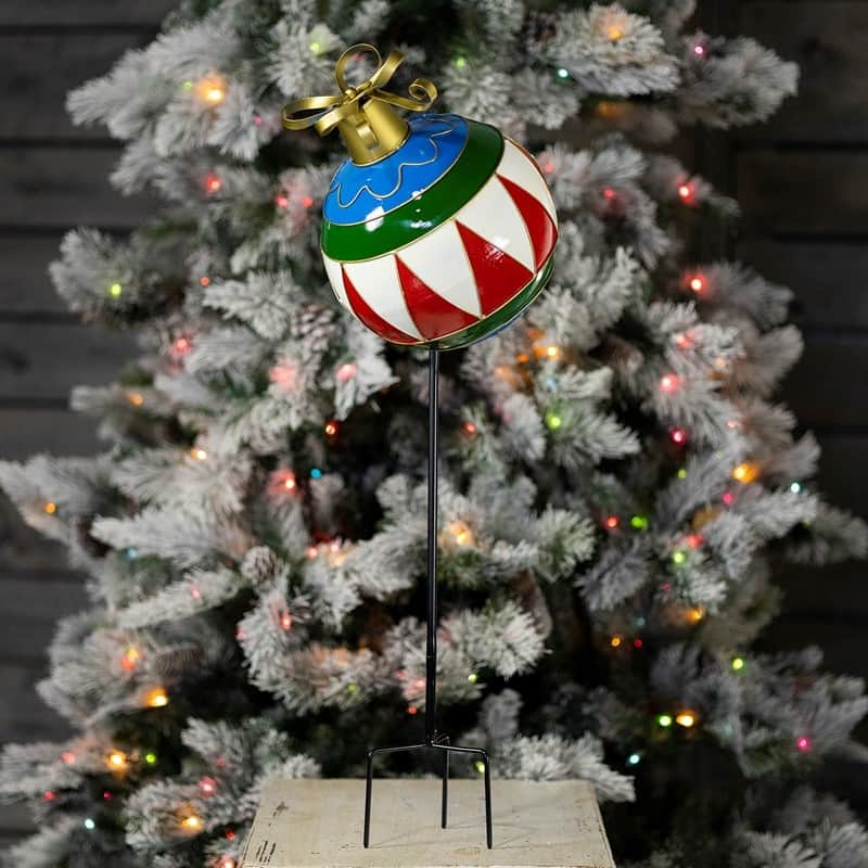 30.9" Tall Multi-Colored Metal Christmas Ball Ornament With Stake
