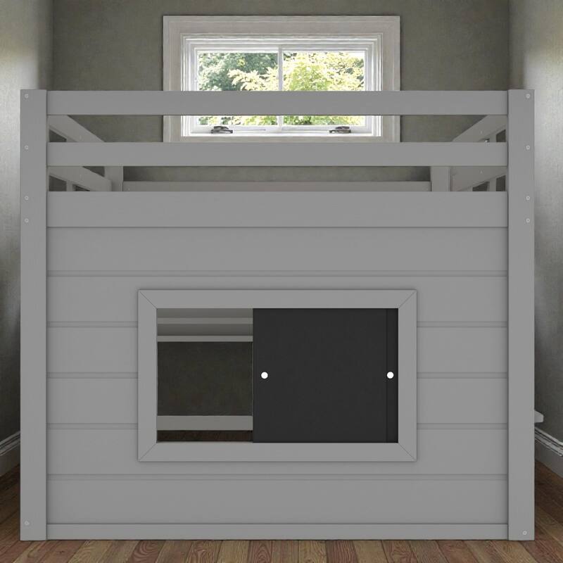Twin/Full Loft Bed with Sliding Chalkboard, Built-in Bookshelf, Solid Wood Frame & Safety Guardrails, Kids Playhouse Bed