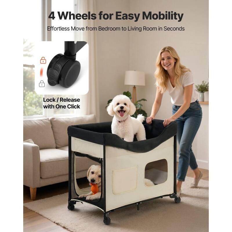 Beige Carbon Steel Dual-Level Pet Bed with Wheels and Foldable Design