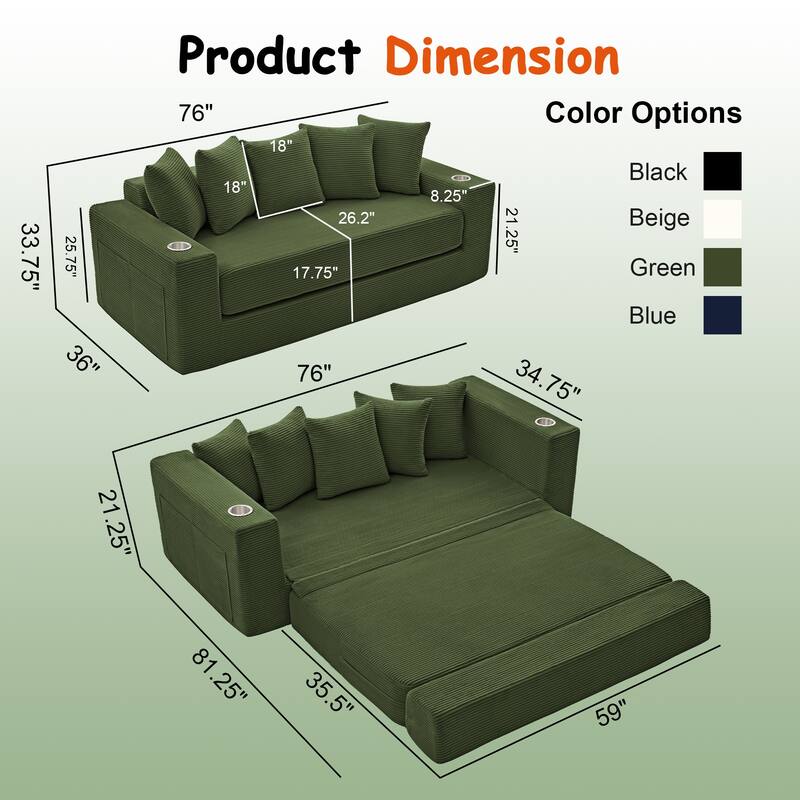 Convertible Sofa Bed, 76" Boneless Loveseat Couch 2 in 1 Foldable Floor Sofa Couch with 2 Cup Holders, Folding Sleeper Chair
