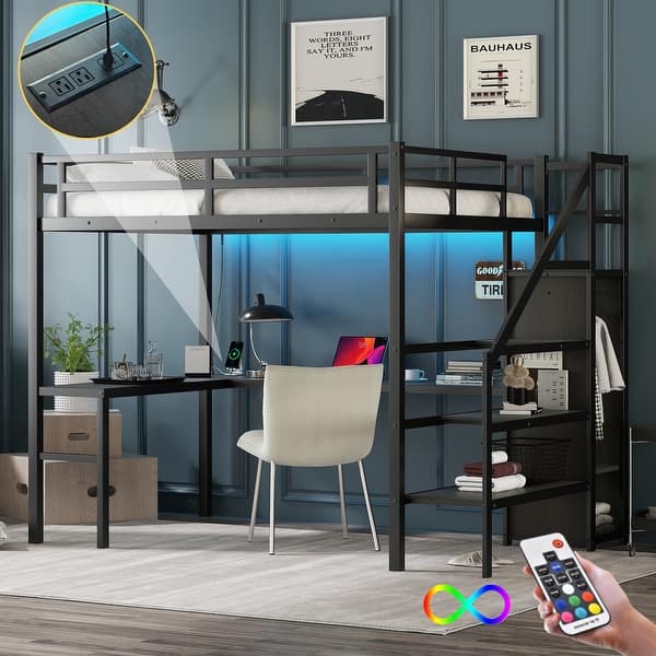 slide 2 of 23, Metal Loft Bed with L-shaped Desk USB Wardrobe Adjustable Shelf