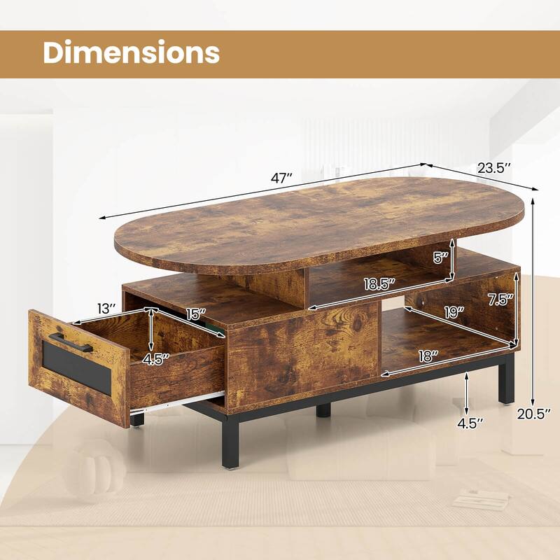 Costway 47” Oval Top Coffee Table with 4 Open Compartments & Drawer, 5 - See Details