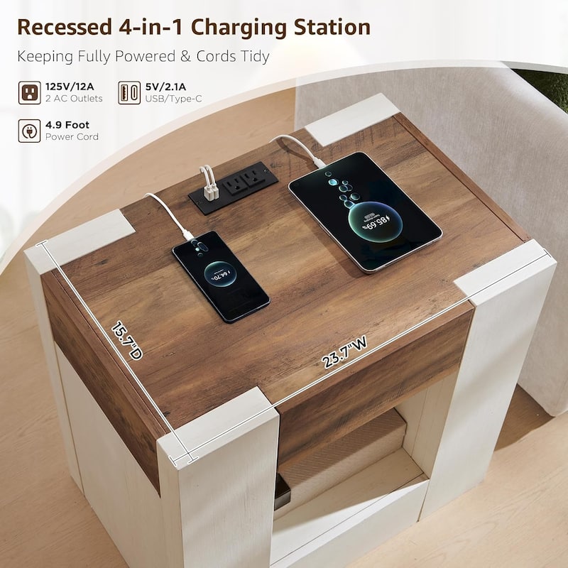 Modern Nightstand with Charging Station, End Table w/Hidden Drawers