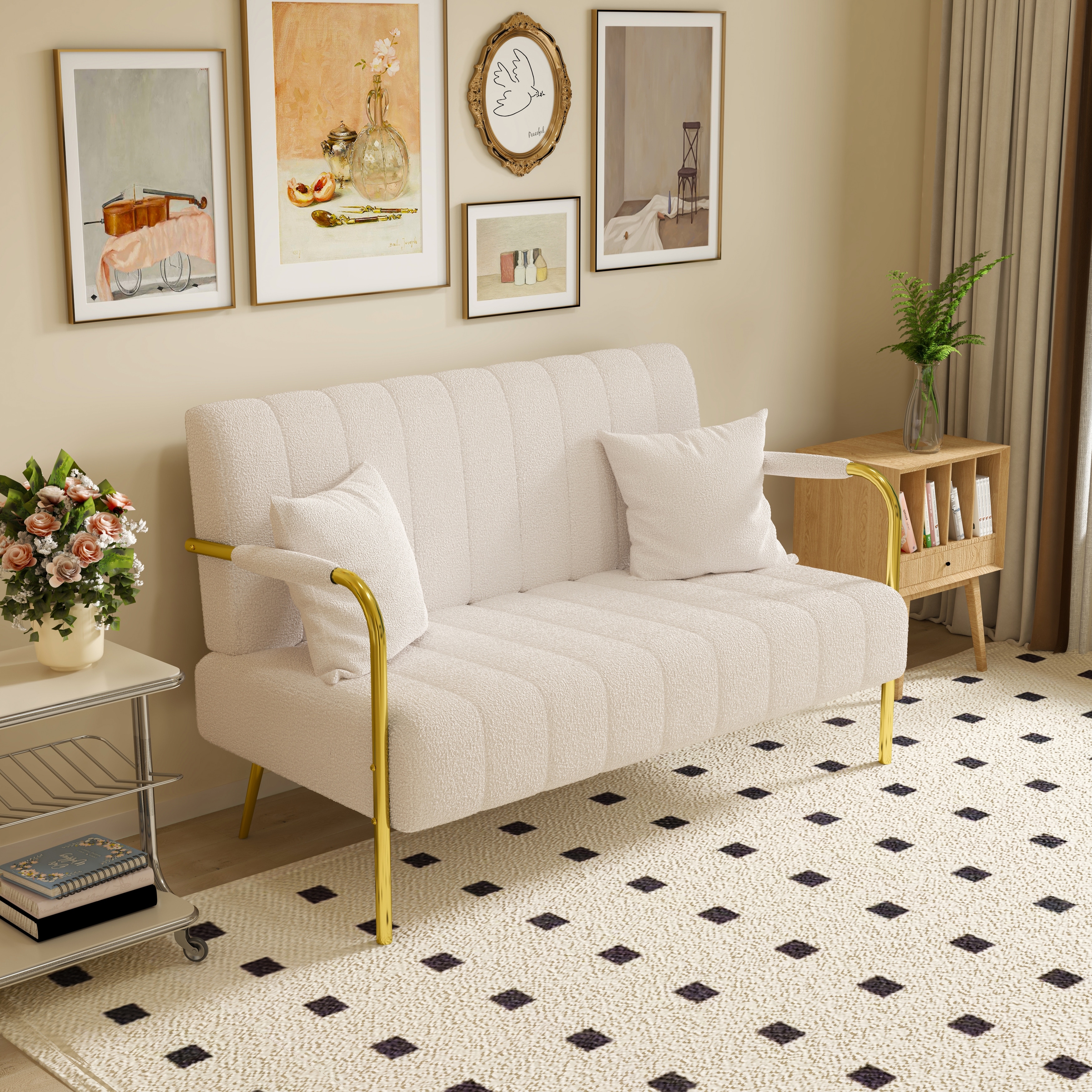 Beige sofa with yellow pillows store