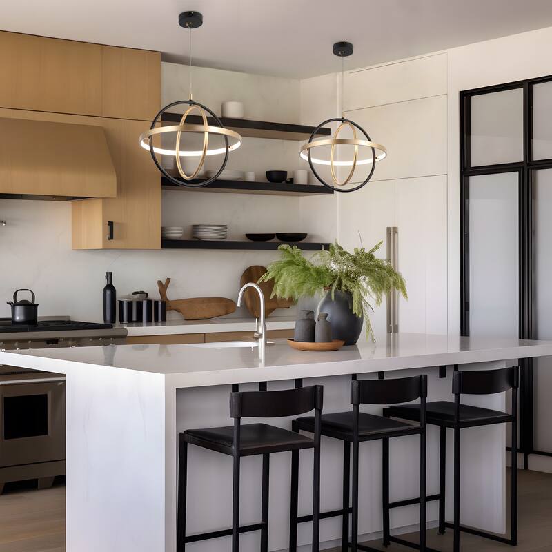 Modern Farmhouse LED Chandelier Black Gold Orb Pendant Light for Dining Room