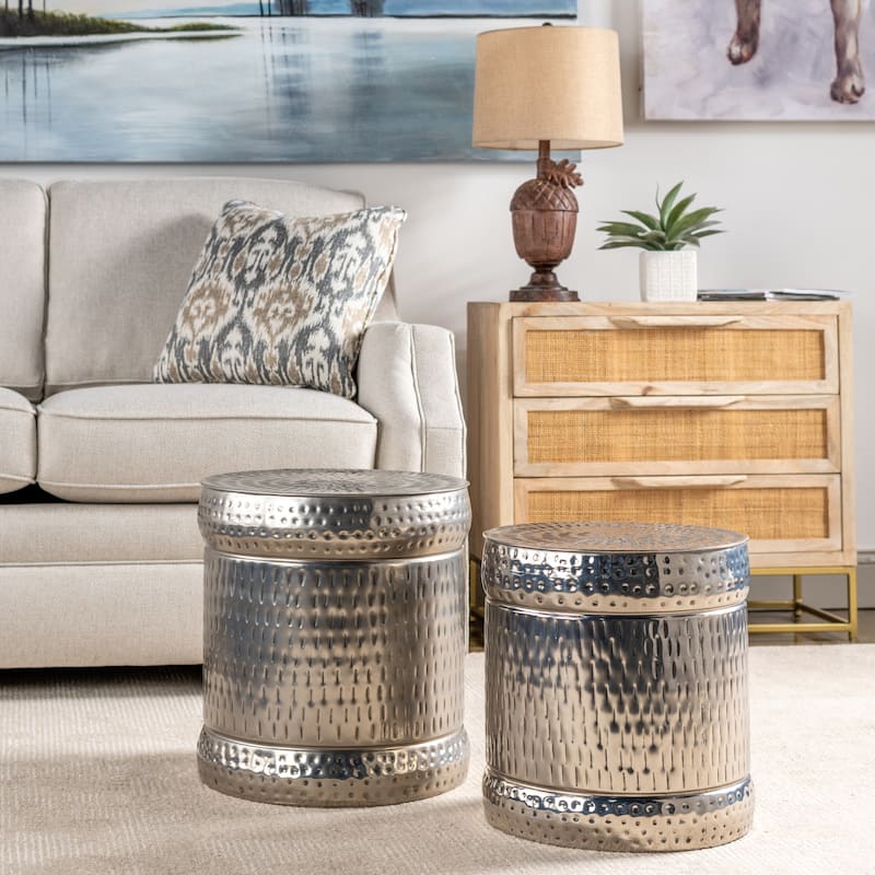Preston Set of 2 Nickle Outdoor Stools - L) 16 x 16 x 18 S) 14.5 x 14.5 x 15.5