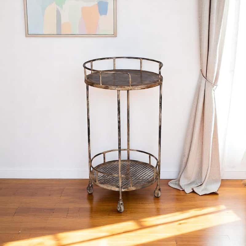 HomeRoots 18" Brown Iron Distressed Round Rolling Bar Cart - 18 in. x 33 in. x 18 in. - Brown - Iron