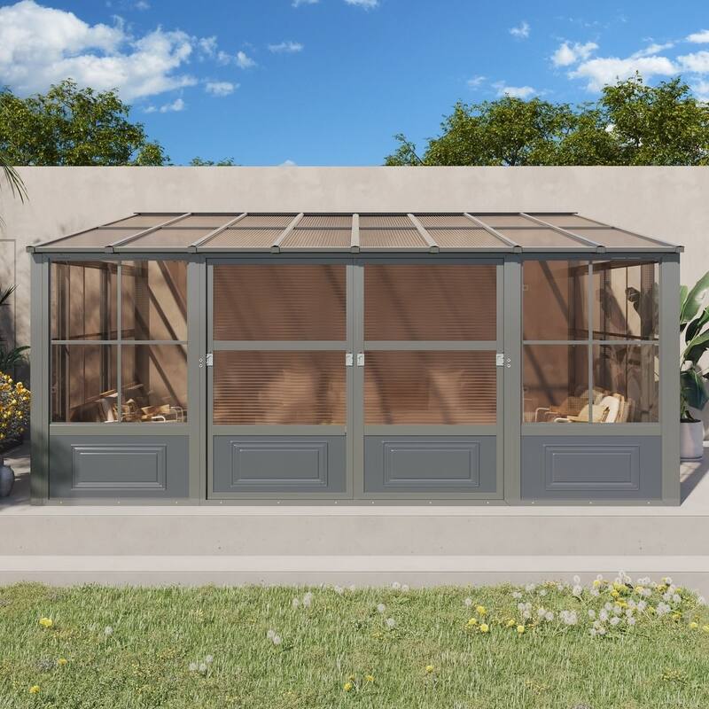 Outdoor Solarium Sunroom,Patio Hardtop Gazebo,All-Season Aluminum Patio Gazebo with with Sliding Doors and Screens