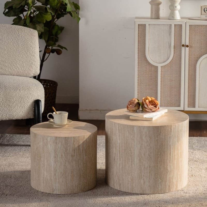 Nesting Coffee Table Set of 2, Round Wooden Coffee Tables Modern Circle Table for Small Space, Accent End and Side Table Set