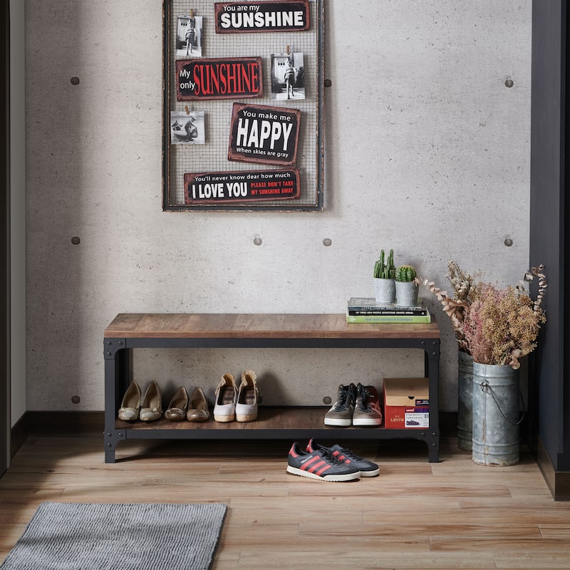 Maua Rustic Reclaimed Oak Metal Storage Entryway Bench by Furniture of America