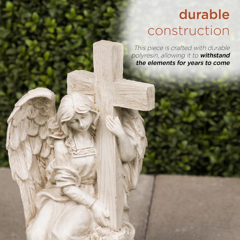 Solar Angel Holding Cross Statue with LED Lights