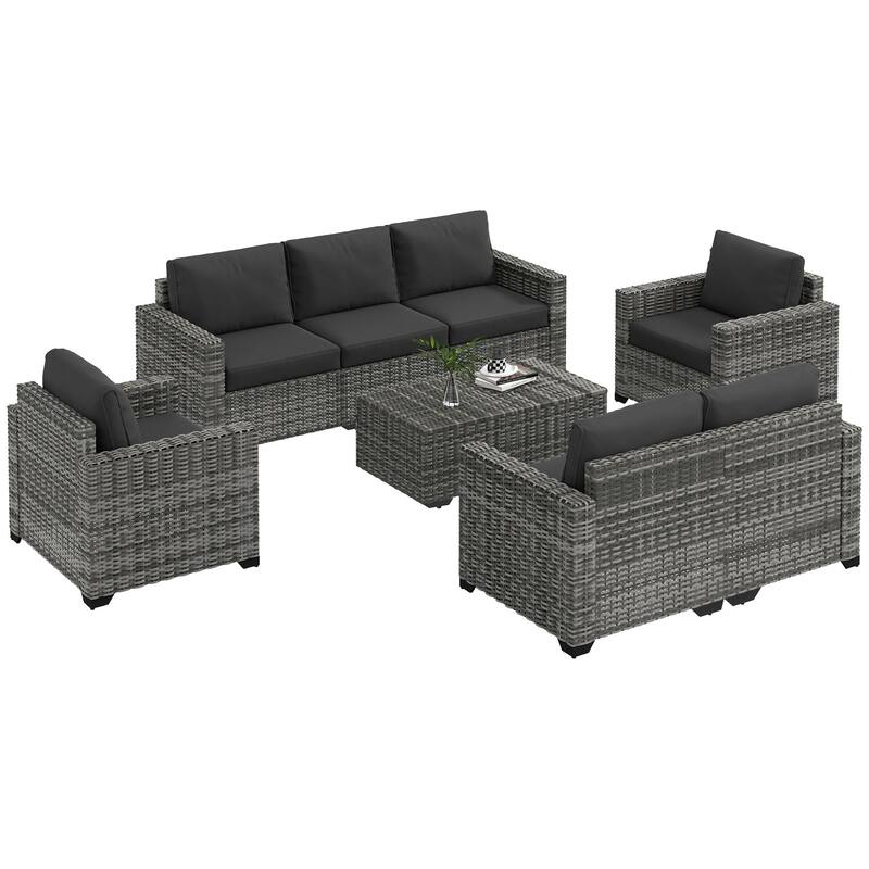 Outsunny 5 Piece Wicker Patio Furniture Set with Thick Padded Cushions, Outdoor PE Rattan Sectional Furniture Conversation Sofa