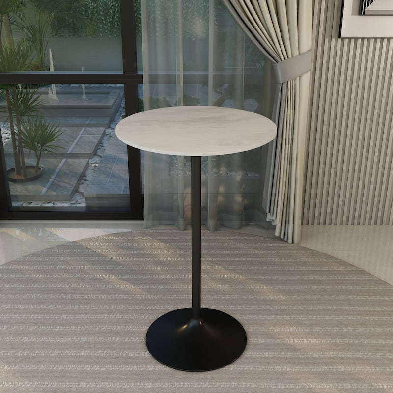 LeisureMod Verve Round Bar Dining Table with White Resin TableTop and Black Steel Base for Kitchen & Dining Room