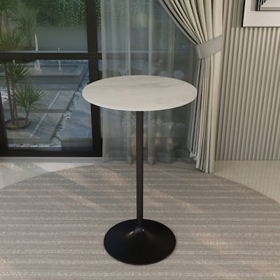 LeisureMod Verve Round Bar Dining Table with White Resin TableTop and Black Steel Base for Kitchen & Dining Room