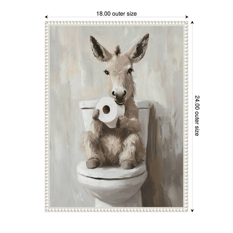 Kate and Laurel Sylvie Cute Donkey Holding Toilet Paper Roll Toilet Bathroom Art Framed Canvas by The Creative Bunch Studio