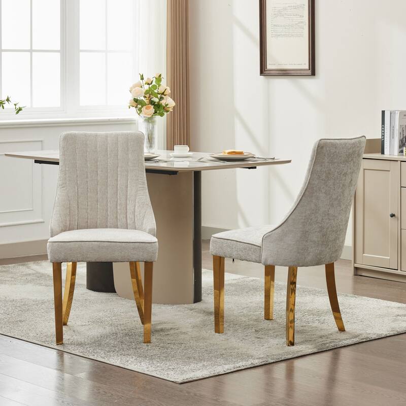 GDF Studio- Rayon Chenille Upholstered Dining Chair with Tufted Back & Golden Metal Base, Set of 2