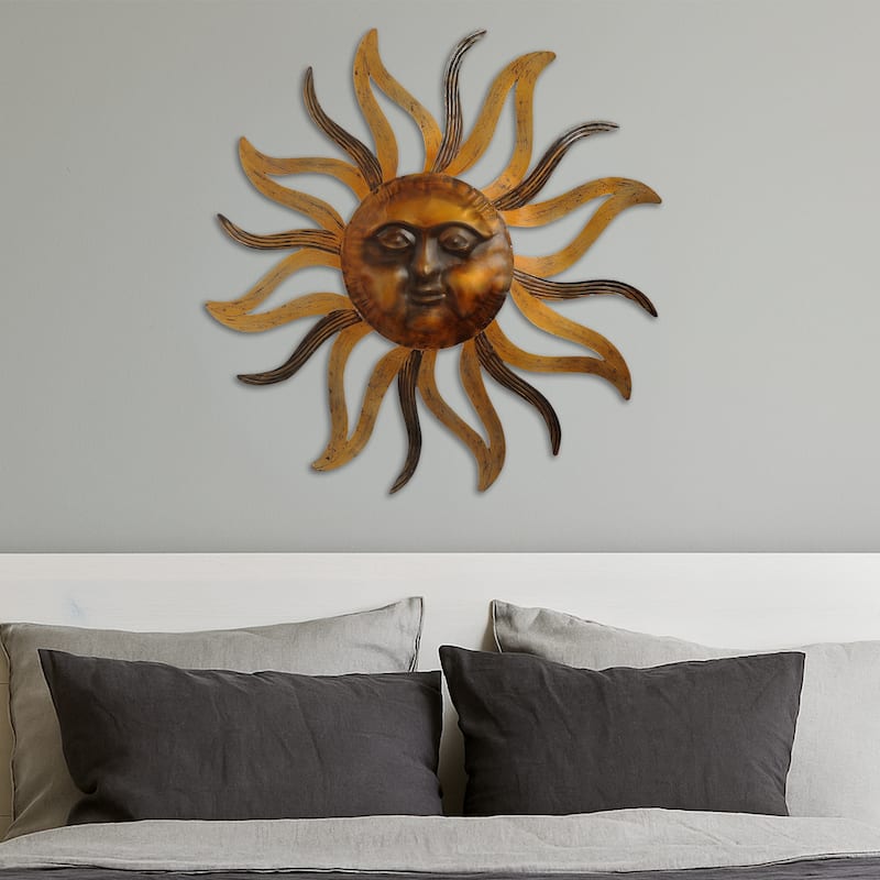 35 Inch Round Wall Mounted Sun Face Accent Decor, Carved Rustic Gold and Black Metal