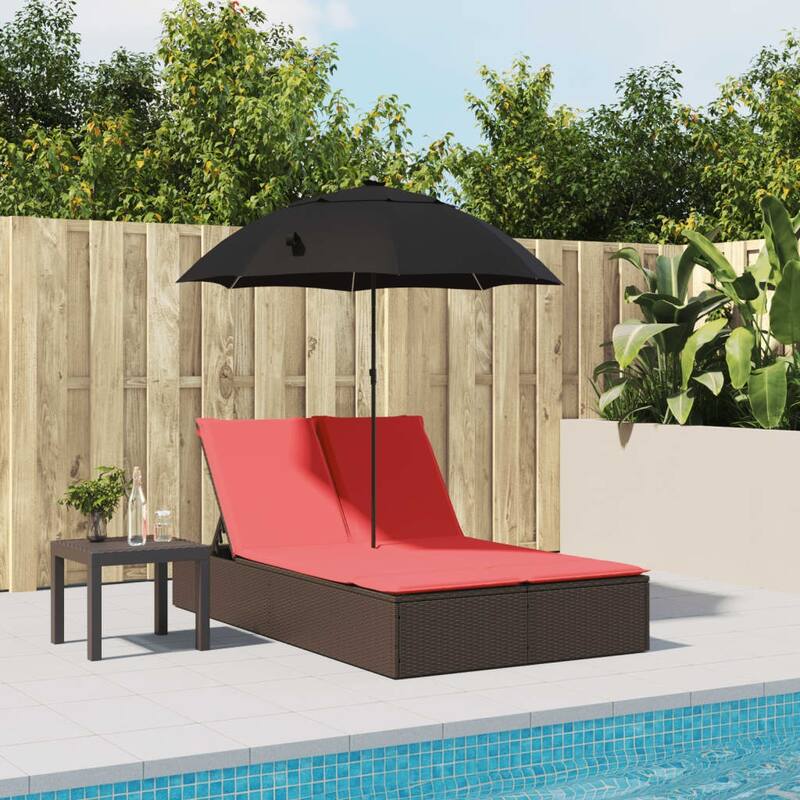 vidaXL Patio Double Sun Lounger&Cushions&Parasol Poly Rattan Brown/Gray/Black - 78.7" x 64.6" x 69.3"