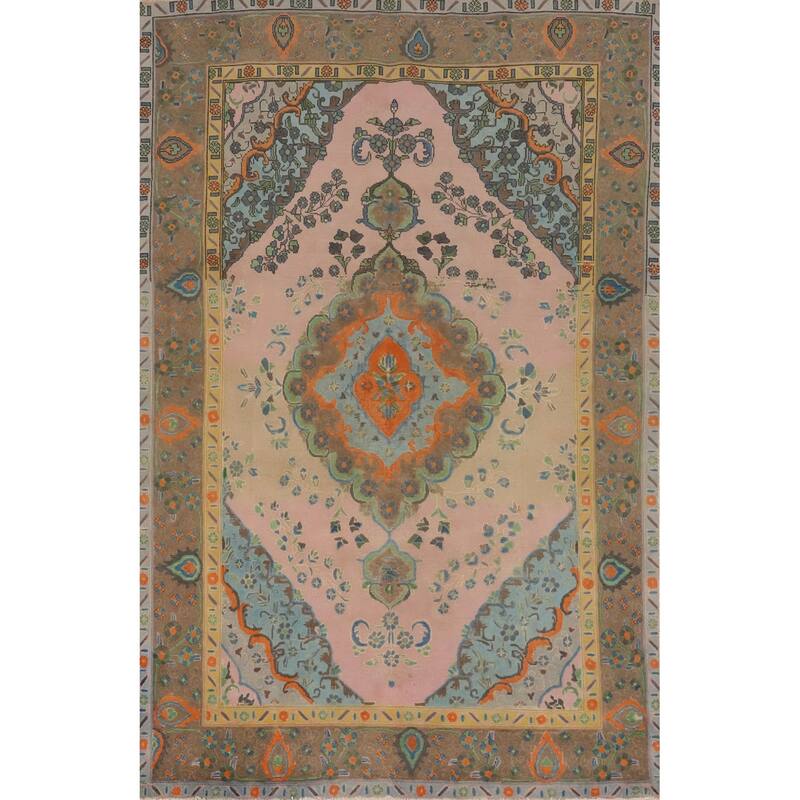 Hand Knotted Oriental 100% Wool Carpet Traditional Medallion Pink Tabriz Area Rug - 9' 7'' X 6' 4''