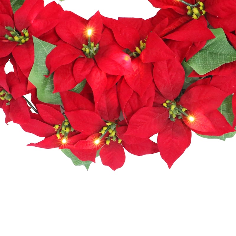 Puleo International 24" Pre-Lit Battery-Operated Artificial Red Poinsettia Wreath