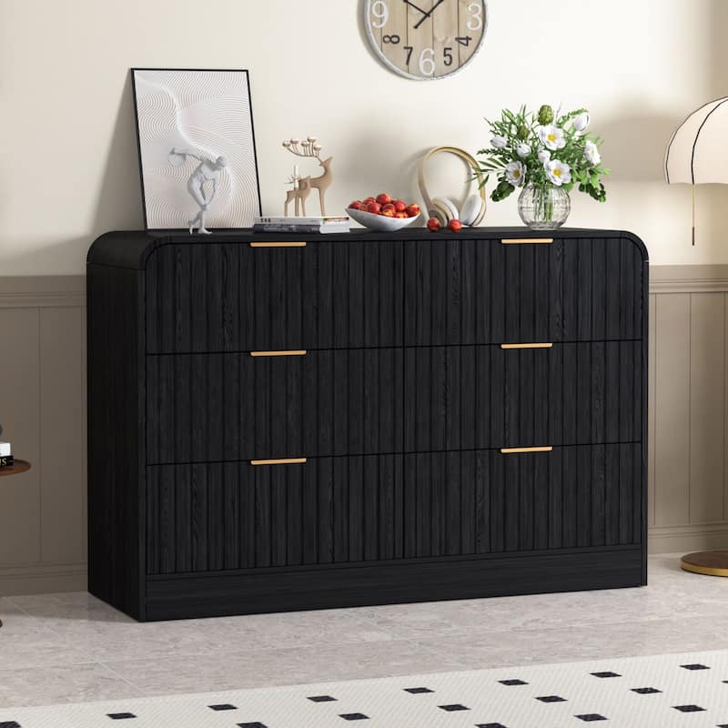 VEIKOUS 6-Drawer Wood Dresser for Bedroom, Mid-Century Modern Chest of Drawers with Anti-Tipping Device - Drak Black