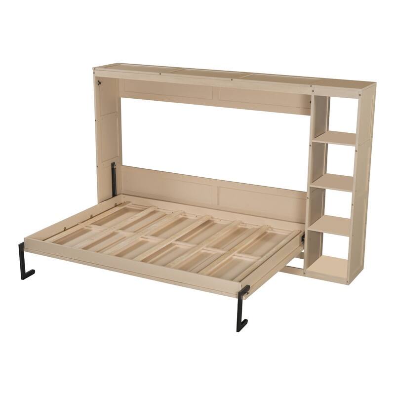 Full Size Murphy Bed with Bookshelf, Foldable Bed Frame with Storage Shelves, Wooden Cabinet Bed with Handle