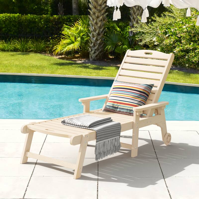 Outdoor Adjustable Wheeled Chaise Lounge Chairs with Arms for Patio, Deck, Backyard - 78.9"L x 24"W x 39.7"H - Sand