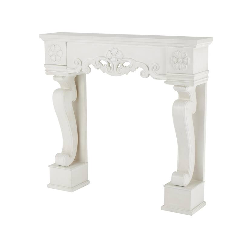 White Wooden Freestanding Scroll Decorative Fireplace Mantle with Floral Accents - 10"W x 45"L x 42"H