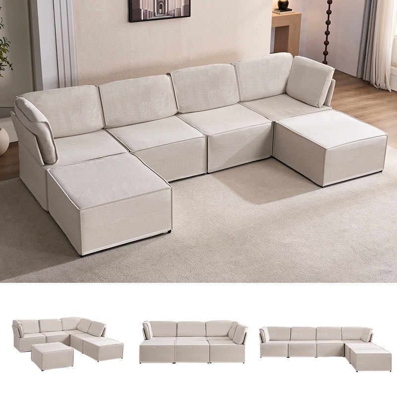 Mixoy Oversized Modular Sectional Sofa, U/L-Shaped Couch with Deep Seat, Ottoman, Convertible Modern Linen Sleeper Sofa Bed
