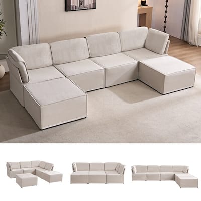 Mixoy Oversized Modular Sectional Sofa, U/L-Shaped Couch with Deep Seat, Ottoman, Convertible Modern Linen Sleeper Sofa Bed