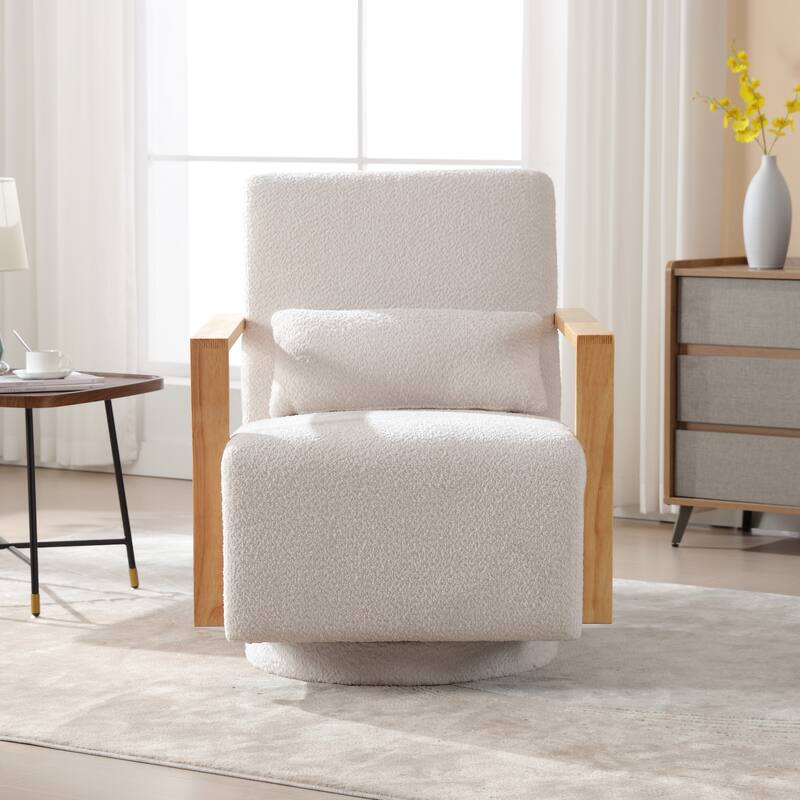 Mid-Century Boucle Upholstered Swivel Armchair With Pillow