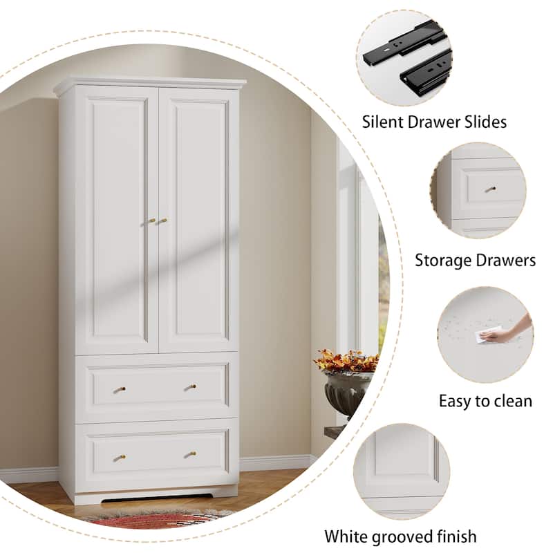 74" Armoire Wardrobe Closet with 2 Drawers for Bedroom