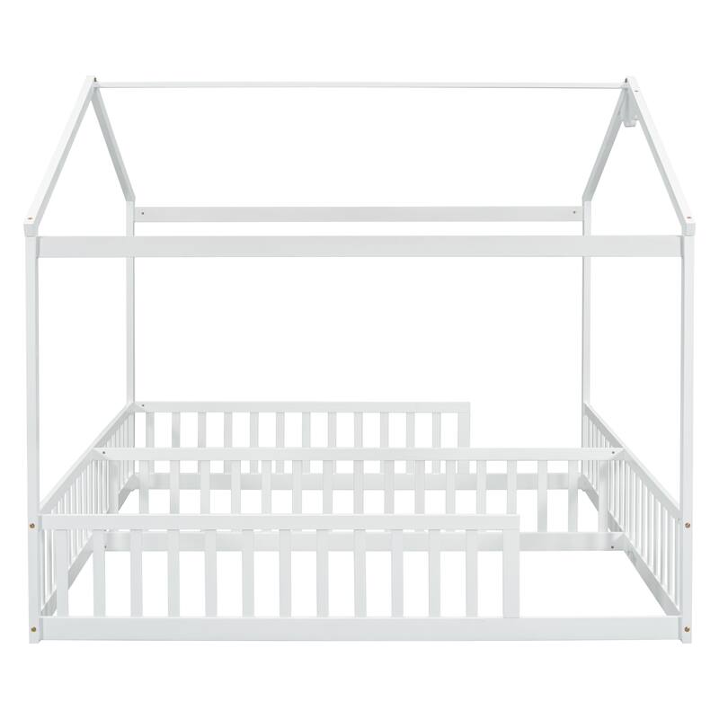 Twin Size Pine Wood House-Style Floor Panel Bed with Fence and Guardrails - No Door Version