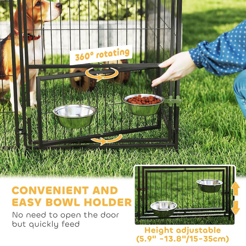 PawHut Dog Kennel Outside, Large Outdoor Dog Kennel Run with Rotating & Adjustable Height Bowls