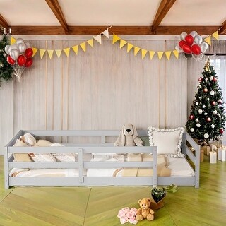 Grey Floor Bed with Fence,Wood Kids Bed,Twin Size
