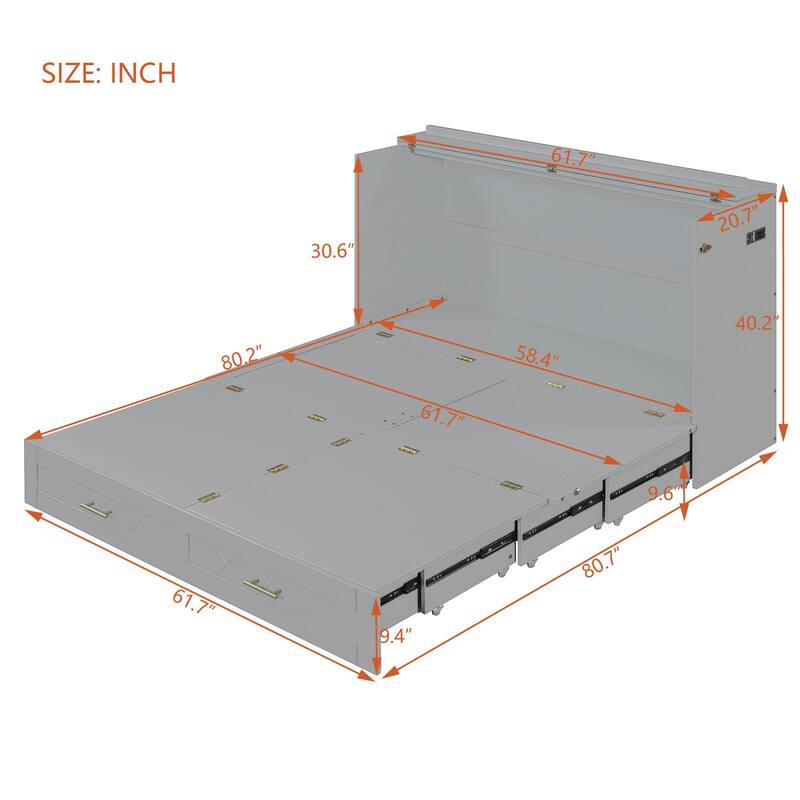 Murphy Bed with Pulley Structure Design, Drawer and USB Ports for Bedroom