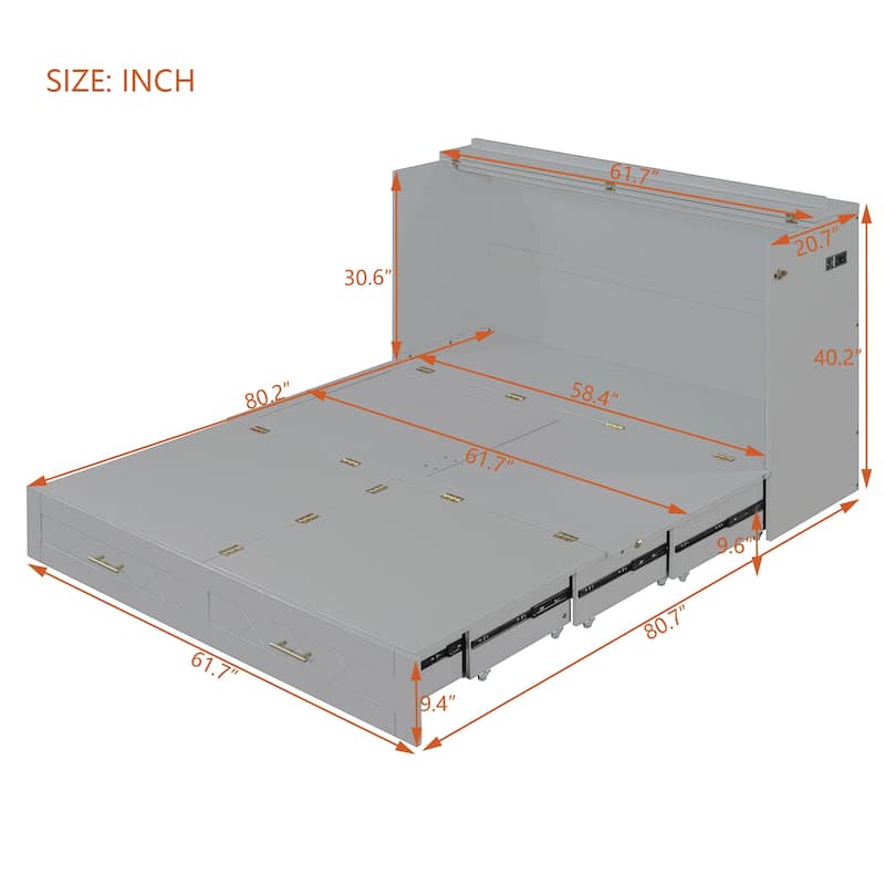Queen Size Murphy Bed with Pulley System, Storage Drawer, USB Ports, and Sockets, Space-Saving