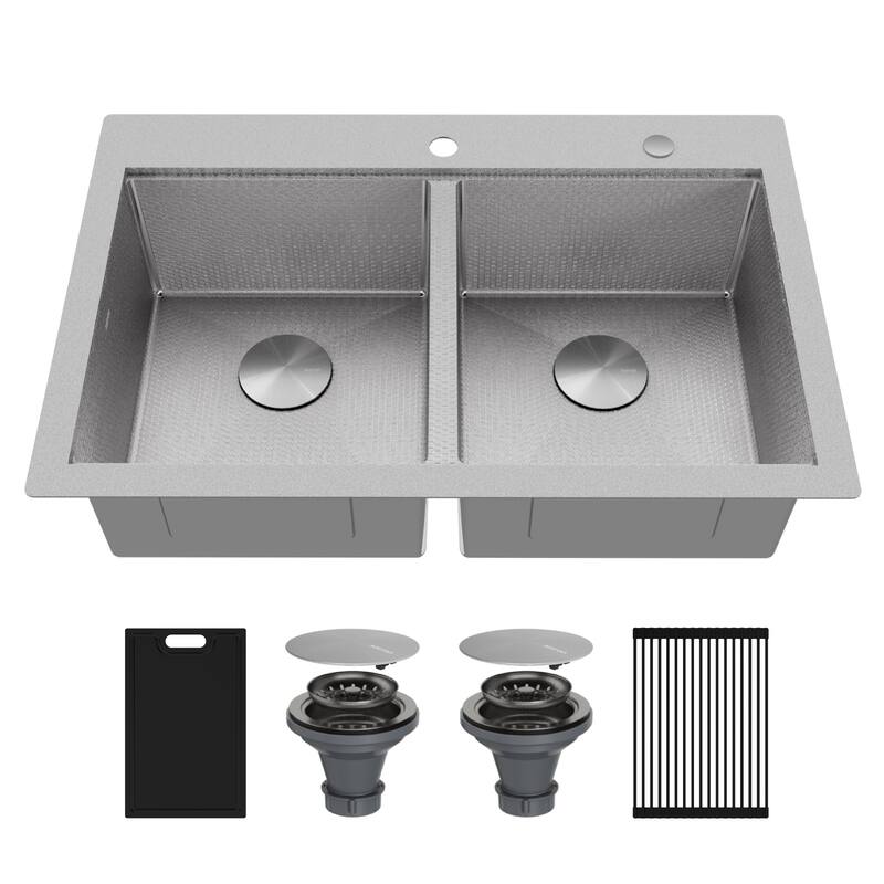 Matrix 33" Top Mount Workstation 16 Gauge Double Bowl Stainless Steel Kitchen Sink with Accessories - Stainless Steel