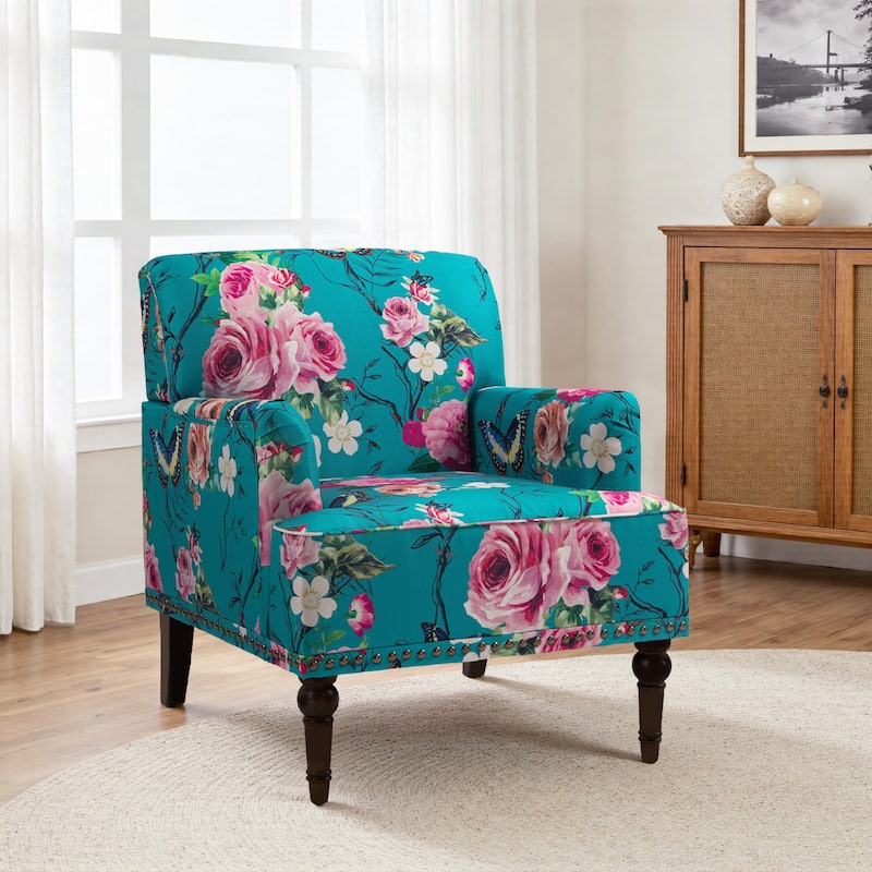 Stripe Linen Accent Arm Chair with Nailhead Trim and Wood Legs